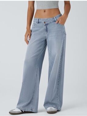 Light Blue Wide-Leg Halara Asymmetrical Women's Jeans